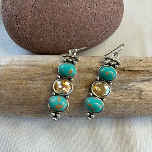 Retro Style Faux Turquoise and Rhinestone Earrings Southwest - Picture 1 of 5
